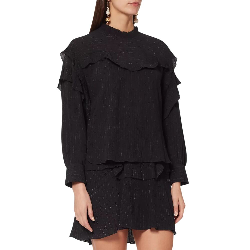 Isabel Marant Moyra Ruffle Trim Blouse Black Metallic Crinkle Silk FR 36 S NWT